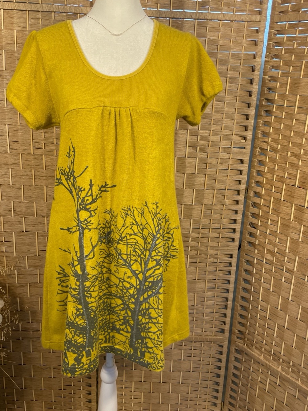 Mustard Yellow Short Sleeve Tunic Dress with Gray Tree Print